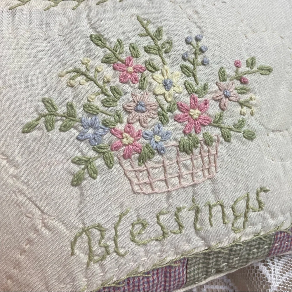 Set of 3 Primitive Quilted Embroidered pillows 9” x 8” GRACE LOVE BLESSINGS